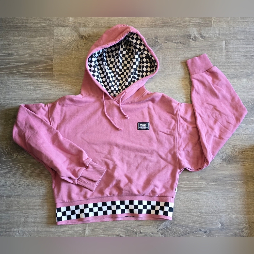 Womens Vans Pink Cropped Hoodie with Checkered Details